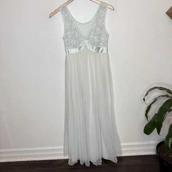 Vintage Shadowline Chiffon Nightgown Lace Satin Trim Green Petite (Small?) Nylon - Picture 1 of 12